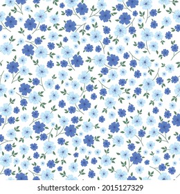 Nahtlose Blumenmuster kleiner blauer Blumen. Kleine Blumen auf weißem Hintergrund. Stock-Vektorgrafik für den Druck auf Oberflächen und Webdesign.
