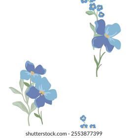 Seamless floral pattern with small blue flowers in simple bouquets on a white field. Simple ditsy print, delicate botanical design of hand drawn wild plants, flowers, leaves. Vector illustration.