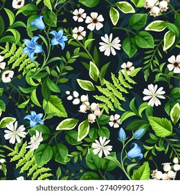 Seamless floral pattern with small blue and white flowers and green leaves. Vector seamless floral print. Hand-drawn illustration, not AI