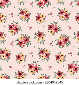 Decoración floral sin remedio, con pequeños ramos sobre un fondo claro. Impresión bastante cursi con flores dibujadas a mano, hojas. Diseño de superficie botánica. Ilustración vectorial.