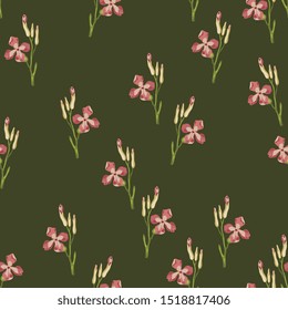 Seamless floral pattern with small branches of pink wild flowers. Gillyflower or carnation. Matthiola bicornis. Clove blossom.