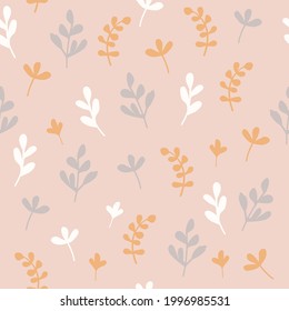 Seamless floral pattern. Small branches and leaves on pink background. Stock vector for printing on surfaces and web design. Scandinavian style print