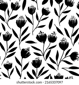 Seamless floral pattern with small branches in vintage style. Hand drawn wild flowers. Vector black brush illustration. Seamless botanical pattern for textile design and fashion prints. 