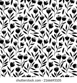 Seamless floral pattern with small branches in vintage style. Hand drawn wild flowers. Vector black brush illustration. Seamless botanical pattern for textile design and fashion prints. 