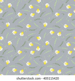 Seamless floral pattern with small camomiles and sprigs of plants