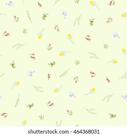 Seamless floral pattern with small camomiles, roses and sprigs of plants