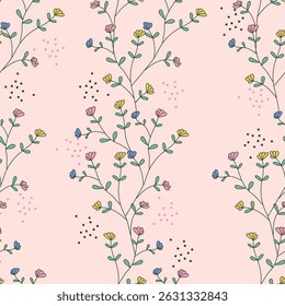 Seamless floral pattern with small colorful flowers on a soft pink background. Cute and minimal botanical design with hand-drawn style branches and dotted accents. Perfect for fabric, wallpaper, packa