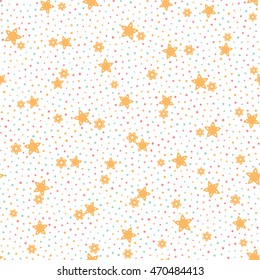 Seamless floral pattern with small colorful flowers and dots on a white background. Vector repeating texture.