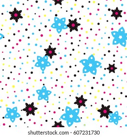 Seamless floral pattern with small colorful flowers and dots on a white background