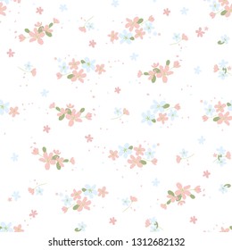 Seamless floral pattern with small cute flowers on white background. Spring light airy texture for Wallpaper, interior, tiles, textiles, scrapbooking, packaging and various types of design. vector.