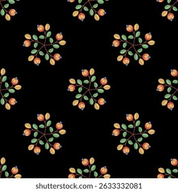 Patrón floral sin fisuras con Pequeños ramos redondos lindos. Hojas verdes y bayas maduras rojas sobre fondo negro. Estilo Folk.