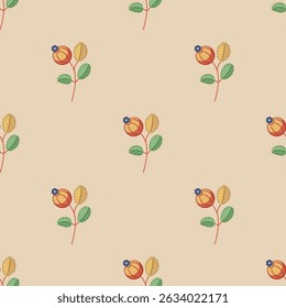 Seamless floral pattern with small cute branches. Green leaves and red ripe berries on light beige background. Folk style.