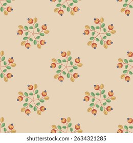 Seamless floral pattern with small cute round bouquets. Green leaves and red ripe berries on light beige background. Folk style.