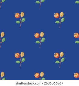 Seamless floral pattern with small cute branches. Green leaves and red ripe berries on blue background. Folk style.