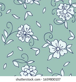 Seamless floral pattern of small decorative flowers in folk style. Botanical hand drawn illustration. Design for packaging, weddings cards, fabrics, textiles, website