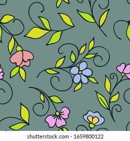 Seamless floral pattern of small decorative flowers in folk style. Botanical hand drawn illustration. Design for packaging, weddings cards, fabrics, textiles, website