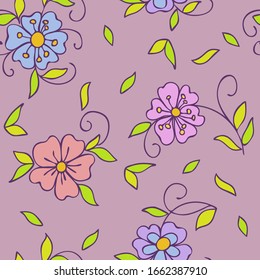 Seamless floral pattern of small decorative flowers in folk style. Botanical hand drawn illustration. Design for packaging, weddings cards, fabrics, textiles, website