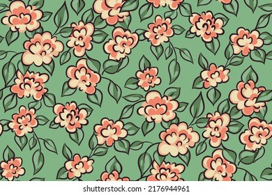 Nahtlose Blumenmuster mit kleinen dekorativen Rosen, Blättern. Cute ditsy Druck, vintage botanische Hintergrund-Design mit handgezeichnet hübschen Pflanzen, kleine Blumen, Blätter. Vektorgrafik.