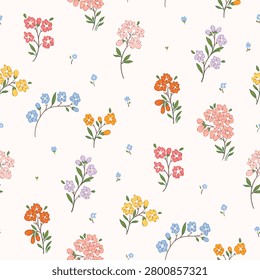 Seamless floral pattern, small ditsy flowers with tiny floral ornaments on light background. Watercolor hand drawn wild meadow style, surface pattern design for fabric, textile, fashion print , wrapping paper, decor, wallpaper and background.Vector Illustration