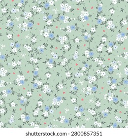 Seamless floral pattern, small ditsy flowers with tiny floral ornaments on light green background. Liberty hand drawn garden flower style, surface pattern design for fabric, textile, fashion print , wrapping paper, decor, wallpaper and background. Vector Illustration