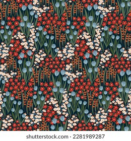 Seamless floral pattern with small field botany. Liberty ditsy print, botanical design with lots of tiny hand drawn plants: flowers, herbs, leaves. Surface of vintage meadow. Vector illustration.