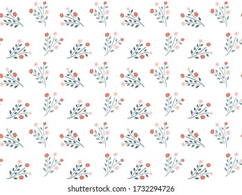 Nahtlose Blumenmuster aus kleinen Blumenbüschen in zarten Farben im skandinavischen Stil auf weißem Hintergrund. Botanische endlose Textur für Stoff, Design, Kleidung, Textilien, Mode. Vektor.