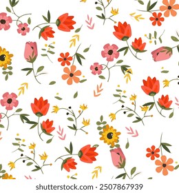 Seamless floral pattern. Small flowers scattered over a white background. This pattern design for printing on surfaces and web design.
