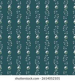  seamless floral pattern of small flowers. white floral over light deep teal background. Small flower pattern for fashion, wrapping, printing on fabrics and surface. Vector illustration eps file.