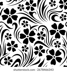 Nahtloses Blumenmuster mit kleinen Blumen und Silhouetten auf weißem Hintergrund. Vektor schwarz-weißer Blumendruck. Handgezeichnete Illustration, nicht KI
