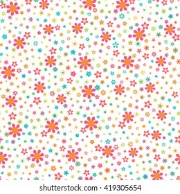 Seamless floral pattern with small flowers of fresh colors on a white background. Vector repeating texture.