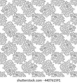 Seamless floral pattern. Small flowers and beetles ladybugs. Black and white graphics, vector texture.