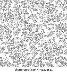 Seamless floral pattern. Small flowers, branches with leaves and ladybugs beetles. Black and white graphics, vector texture.