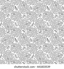 Seamless floral pattern. Small flowers, branches with leaves and ladybugs beetles. Black and white graphics, vector texture.