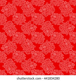 Seamless floral pattern. Small flowers and beetles ladybugs. Red and white graphics, vector texture.