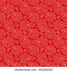 Seamless floral pattern. Small flowers, branches with leaves and ladybugs beetles. Red and white graphics, vector texture.
