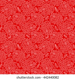 Seamless floral pattern. Small flowers, branches with leaves and ladybugs beetles. Red and white graphics, vector texture.