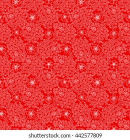 Seamless floral pattern. Small flowers and beetles ladybugs. Red and white graphics, vector texture.