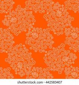 Seamless floral pattern. Small flowers, branches with leaves and ladybugs beetles.Orange and white graphics, vector texture.