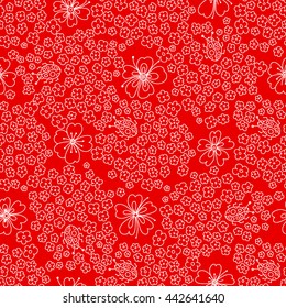 Seamless floral pattern. Small flowers and beetles ladybugs. Red and white graphics, vector texture.