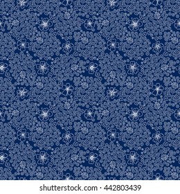 Seamless floral pattern. Small flowers and beetles ladybugs. Blue and white graphics, vector texture.