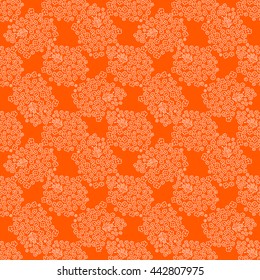 Seamless floral pattern. Small flowers, branches with leaves and ladybugs beetles.Orange and white graphics, vector texture.
