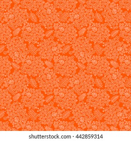 Seamless floral pattern. Small flowers, branches with leaves and ladybugs beetles. Orange and white graphics, vector texture.