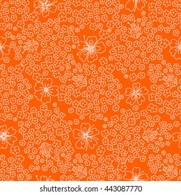 Seamless floral pattern. Small flowers and beetles ladybugs. Orange and white graphics, vector texture.