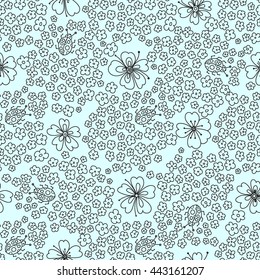 Seamless floral pattern. Small flowers and beetles ladybugs. 