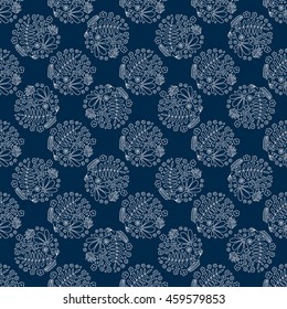 Seamless floral pattern. Small flowers and beetles ladybugs. Blue and white graphics, vector texture.