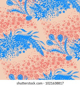 Seamless Floral Pattern with Small Freehand Flowers in Zentangle Style. Hand Drawn Doodle Rapport. Seamless Background for Print, Calico, Fabric, Linen. Vector Texture with Delicate Blossoms