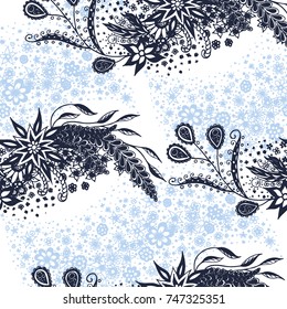 Seamless Floral Pattern with Small Freehand Flowers in Zentangle Style. Hand Drawn Doodle Rapport. Seamless Background for Print, Calico, Fabric, Linen. Vector Texture with Delicate Blossoms