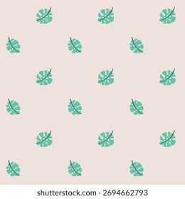 Seamless floral pattern of small green monstera leaves. Simple minimalist print, cute botanical design of tiny hand-drawn tropical foliage on a white background. Vector illustration.