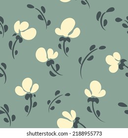 Seamless floral pattern with small hand drawn flowers. Rustic ditsy print, botanical background with white flowers, tiny leaves on a blue field. Vector illustration.