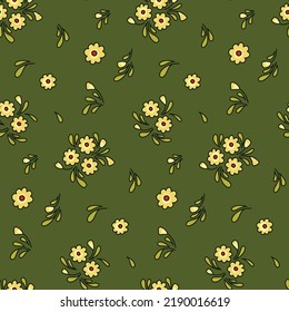 Patrón floral sin foco con plantas dibujadas a mano en colores naturales. Impresión muy atractiva, diseño de fondo botánico moderno con flores pequeñas, hojas en ramos en un campo verde. Vector.